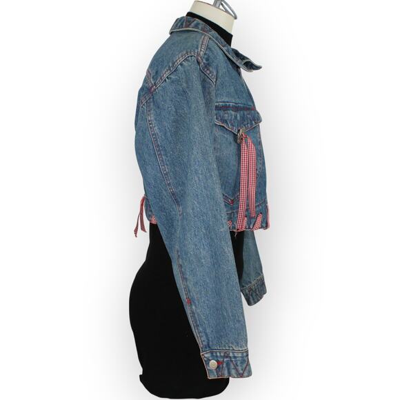 Vintage M/L HystericEtVous Crop Denim Jean Jacket Western Red Gingham Cowgirl - Picture 15 of 16